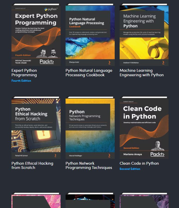 Just a small sampling of the books you can get in this Python-themed bundle!