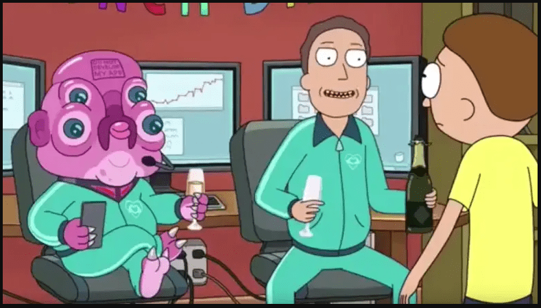 Rick and Morty scene with Morty, Glootie, and Jerry