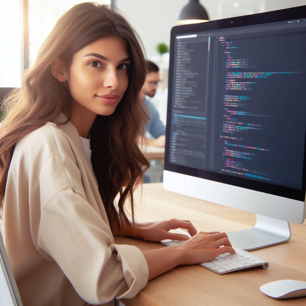 A woman doing web design and development on a powerful computer - Generated with AI