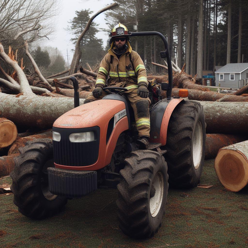 A picture of a firefighter on a tractor at a farm with fallen trees in the background - Generated with AI