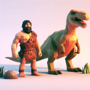 Low polygon 3d model of a dinosaur and caveman next to a high polygon 3d model of a dinosaur and caveman - Generated with AI