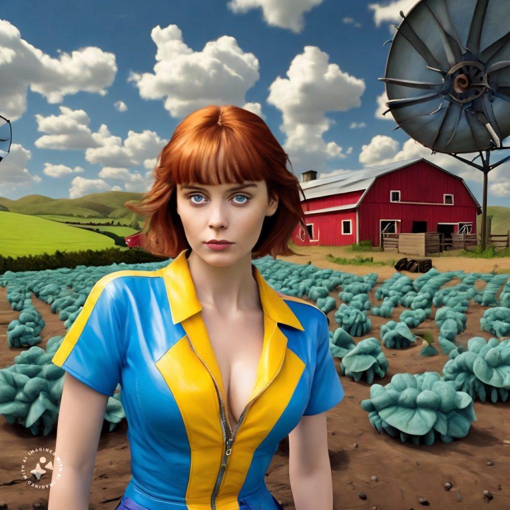 a photo-realistic video game character who looks like cathy dennis from the touch me music video with a high tech farm in the background - Generated with Meta AI