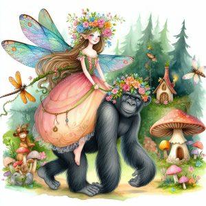 A watercolor of a fantasy fairy with a gorilla - Generated with AI