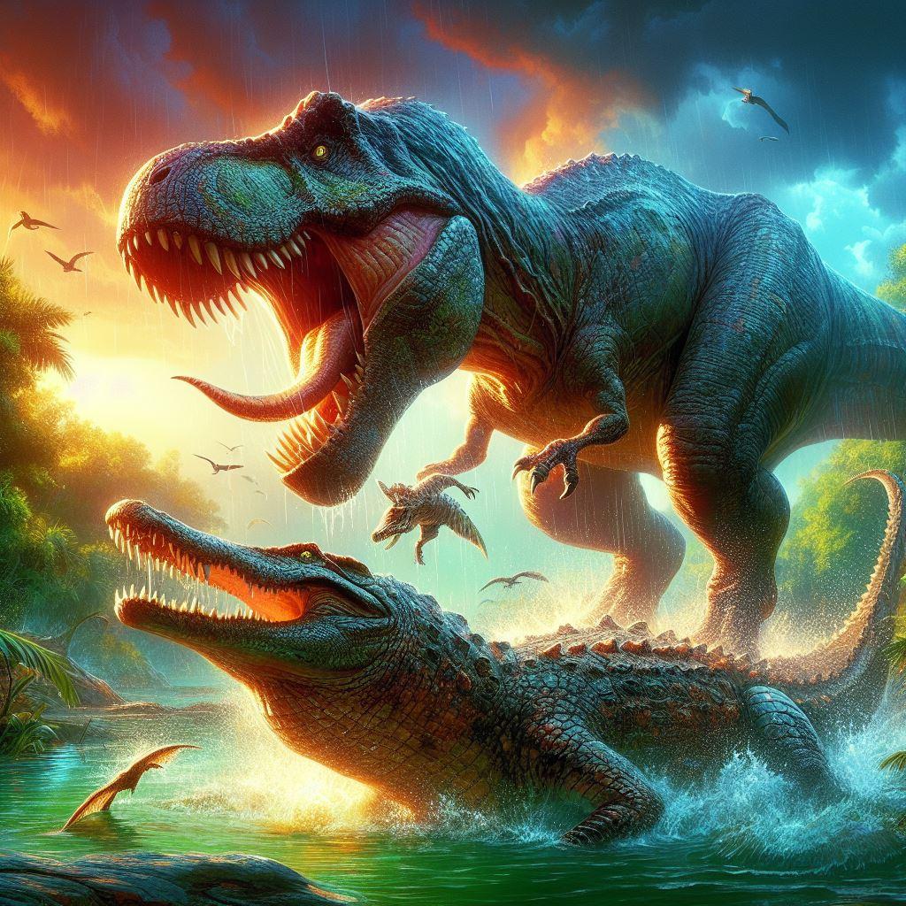 a Tyrannosaurus Rex fighting a crocodile - Generated with AI