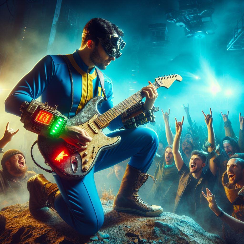 fallout cosplayer shredding on a guitar - Generated with AI