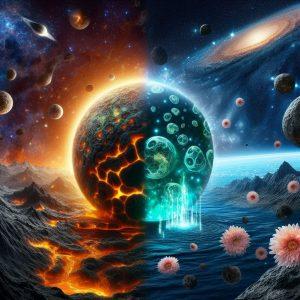primordial soup on Earth on one half of the screen and life forming in space on an asteroid on the other half of the screen - Generated with AI