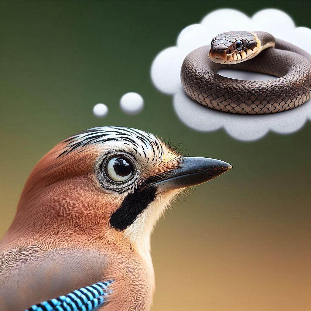 a eurasian jay with a thought bubble thinking about a past encounter with a snake - Generated with AI