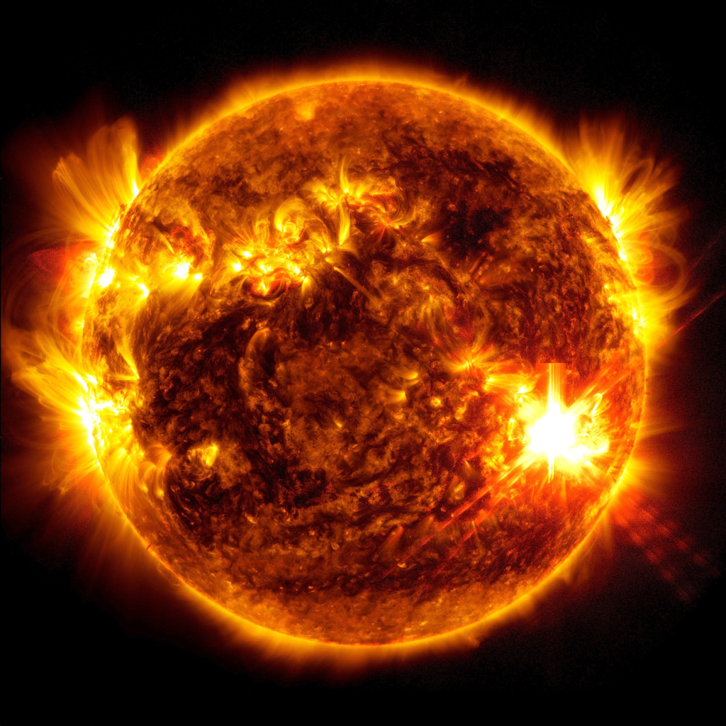 The image shows a subset of extreme ultraviolet light that highlights the extremely hot material in flares.