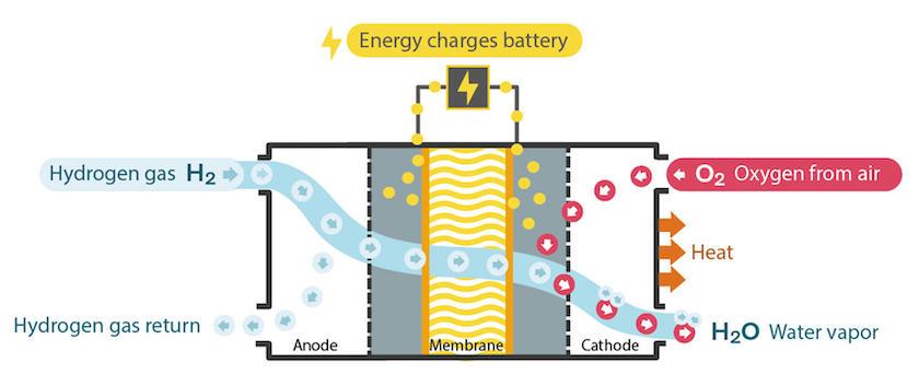 Fuel cells work by combining hydrogen gas (H2) with oxygen from the air — and the resulting chemical reaction produces electricity. Source: Volvo CE