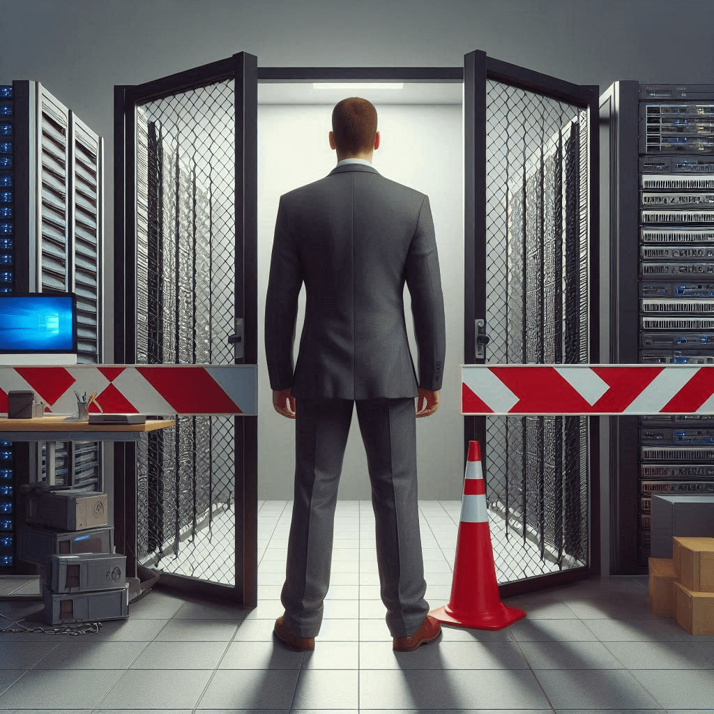 a photo-realistic bouncer blocking entrance to a computer server room - Generated with AI