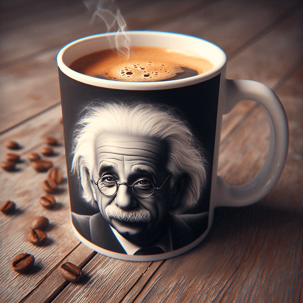 photo-realistic mug of coffee with an Einstein-like figure emblazoned on it - Generated with AI