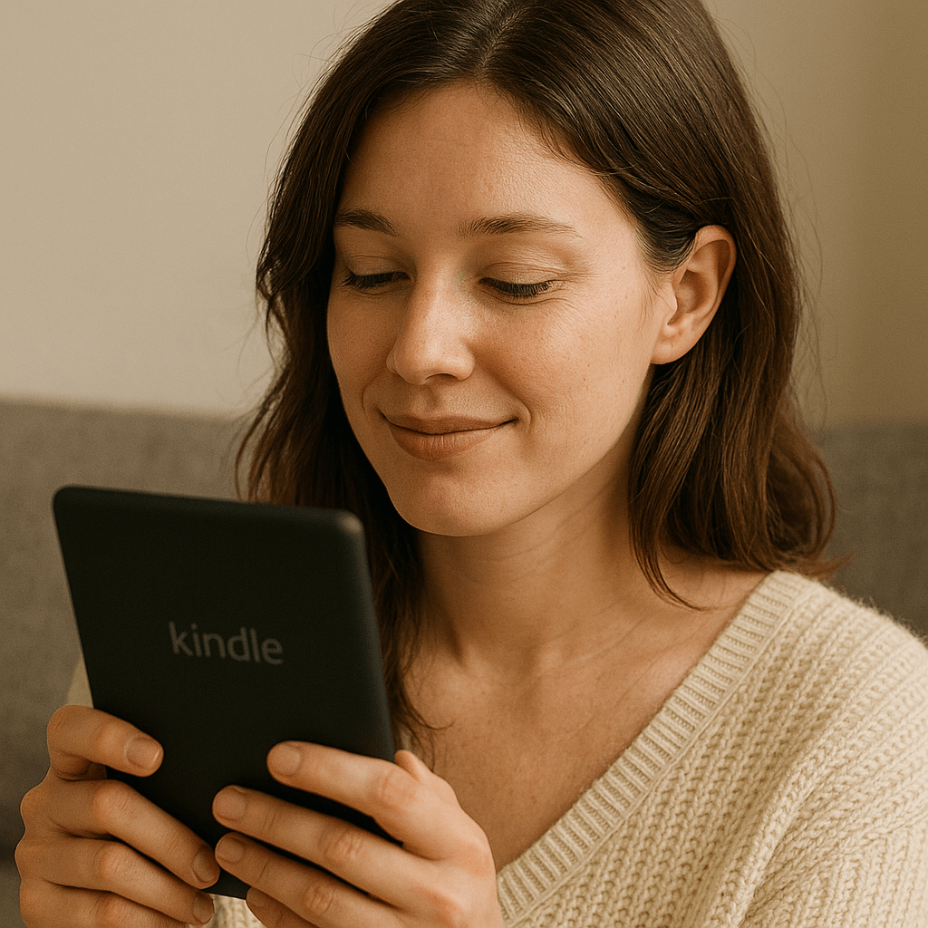 woman enjoying reading on an Amazon Kindle - Generated with AI