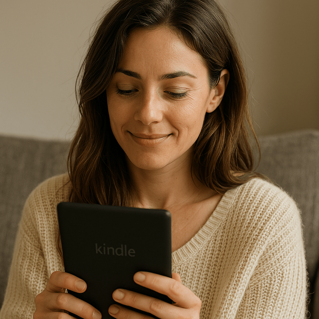 woman enjoying reading on an Amazon Kindle - Generated with AI
