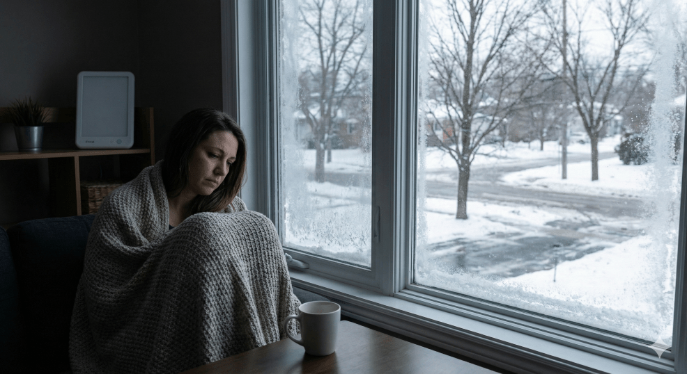 woman suffering from seasonal depression with a snowy landscape outside