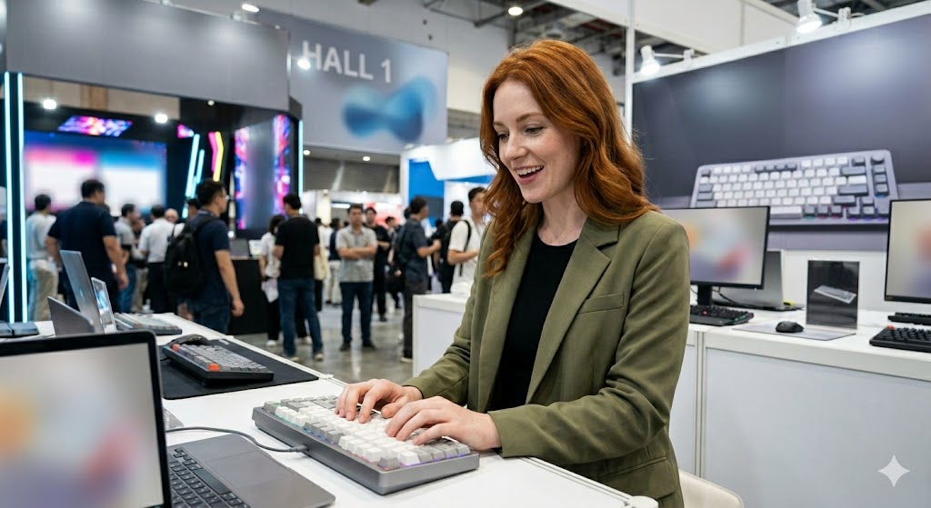 A woman with vibrant red hair types on the IQUNIX EC75 mechanical keyboard at a bustling Computex 2026 exhibition booth.