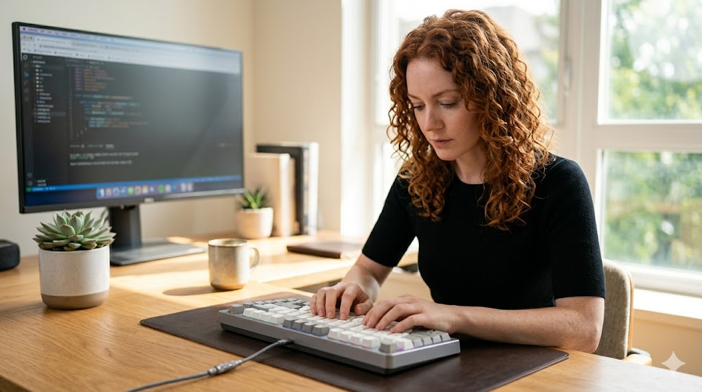 A focused red-haired woman with a concentrated expression types on a robust, premium 75% Hall Effect magnetic switch mechanical keyboard at a sunlit wooden desk.